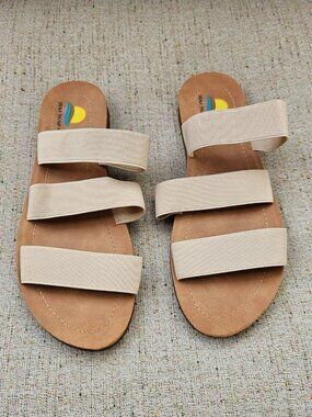 Maui Island Women Flat Sandal Beige Strap Stretched Slides Shoes Size 9M